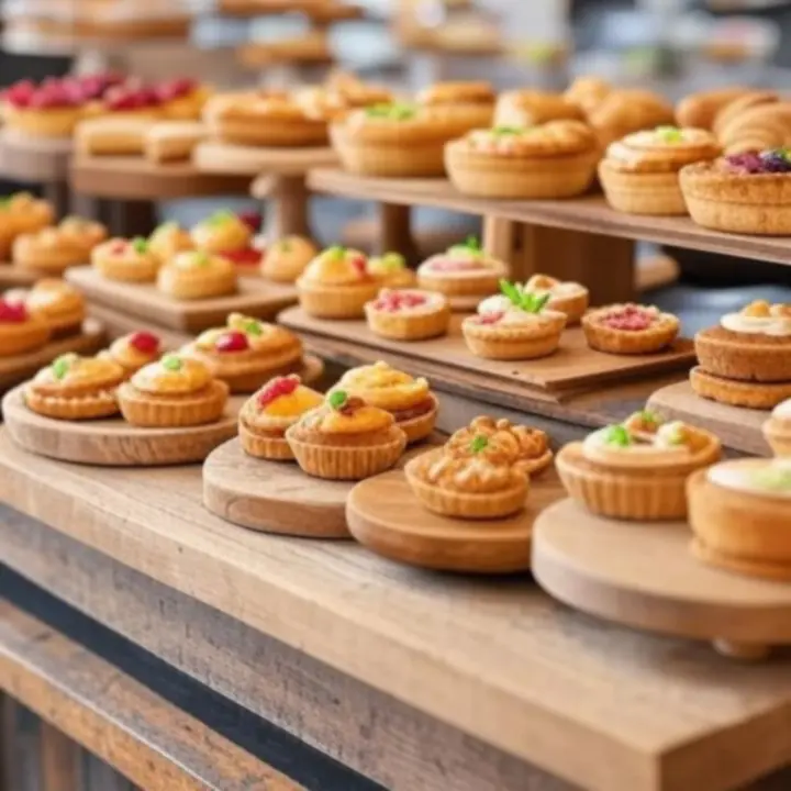 Ambachtelijke taartjes en patisserie op een schaal in een gezellig café.