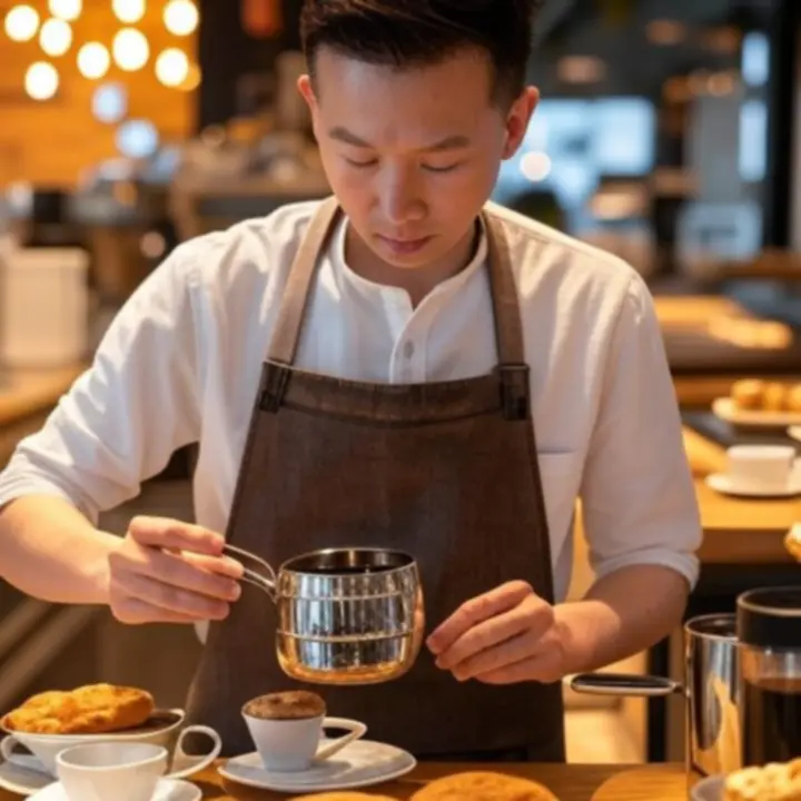 Barista die geconcentreerd een latte art maakt in Baarnse Auto Club