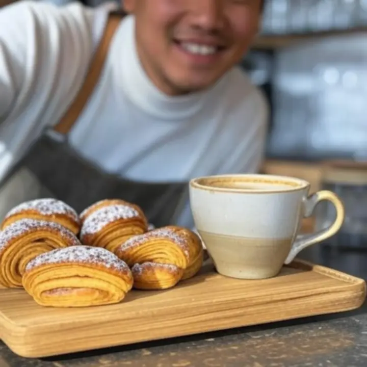 Barista die koffie bereidt naast een selectie ambachtelijke patisserie.