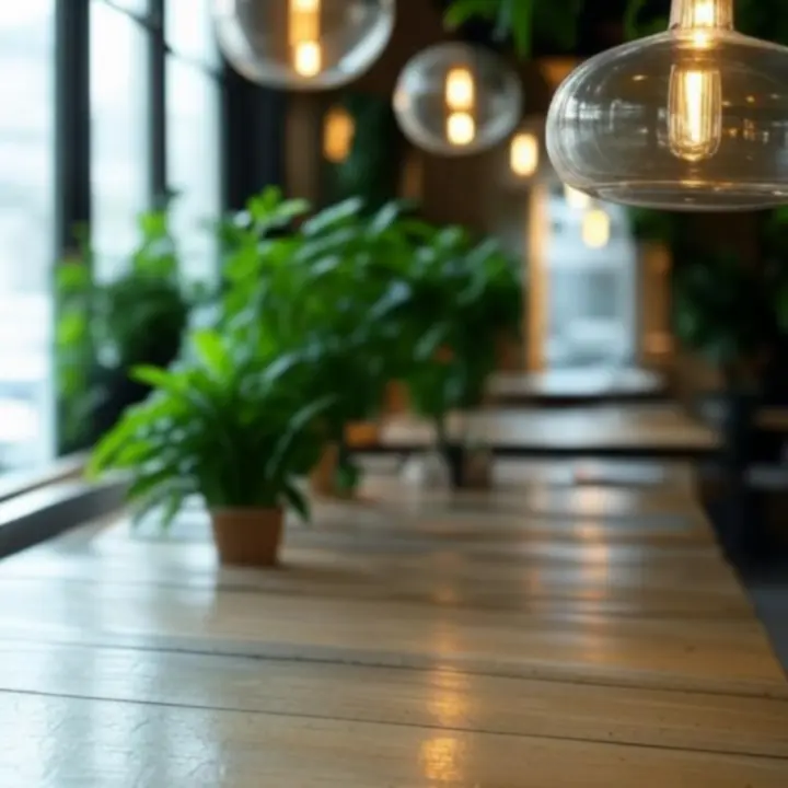 Detail van het interieur met houten tafels, planten en sfeervolle verlichting in Baarnse Auto Club