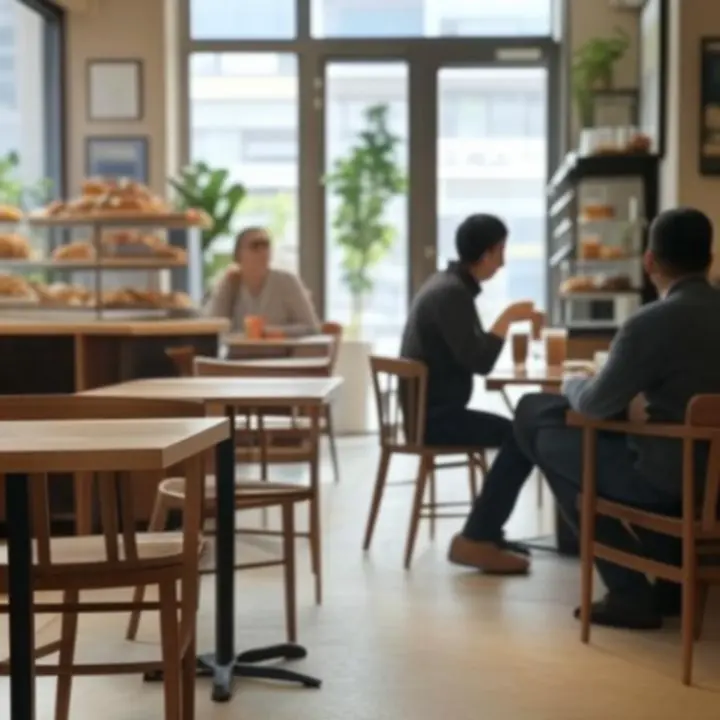 Warm verlicht café-interieur met zitplaatsen en een uitnodigende koffiebar.