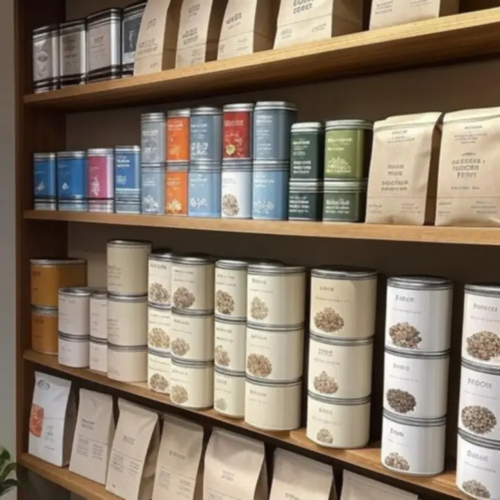 Display met koffiebonen en theeblikken om het cafégevoel mee naar huis te nemen.