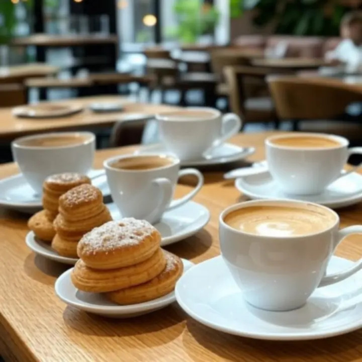 Overzichtstafel met koffie, patisserie en lichte gerechten in een sfeervol café-interieur.