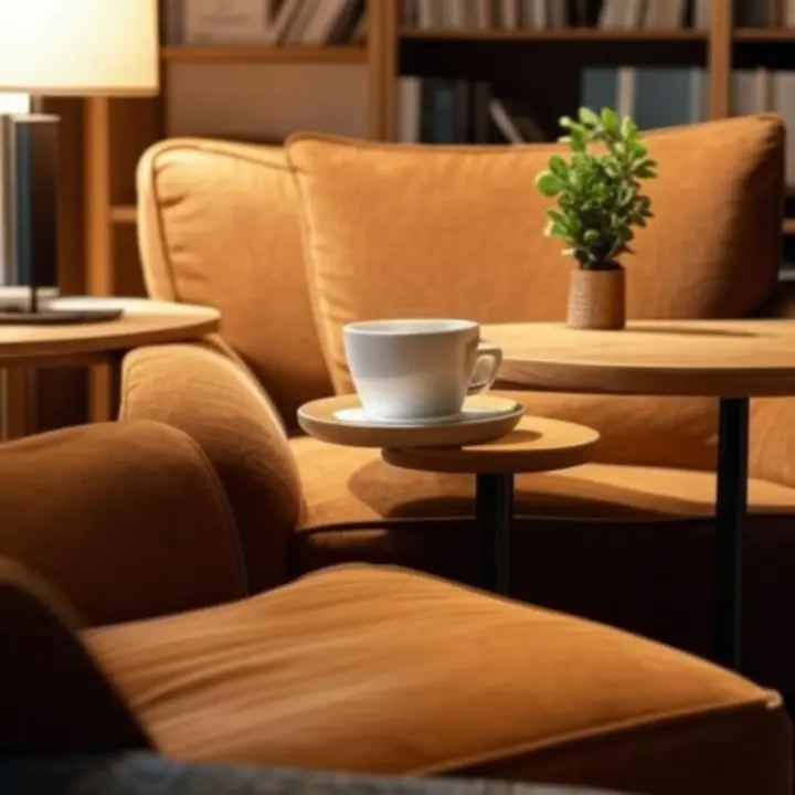 Rustig, elegant café-interieur met comfortabele zitplekken.