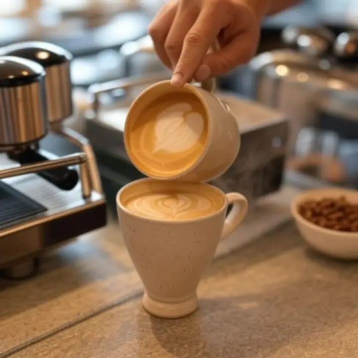 Barista hand die een kunstzinnige latte bereidt in een sfeervolle koffiebar.